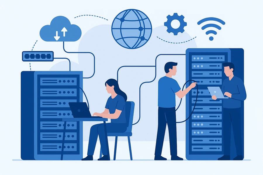 تیم متخصص IT در حال کار با سرورها و لپ‌تاپ‌ها، نمایش ارتباطات شبکه و نمادهای اینترنت، وای‌فای و کلود در یک محیط مدرن